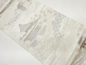 プラチナ箔寺院に蛇籠・紅葉風景模様織出し袋帯